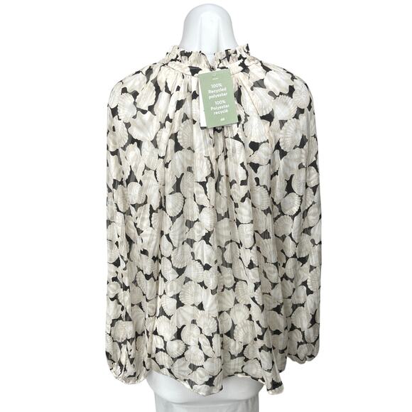 NEW H&M Beige Black Sea Shells Long Sleeve Mock Ruffle Keyhole Blouse Top Size M - Picture 2 of 5